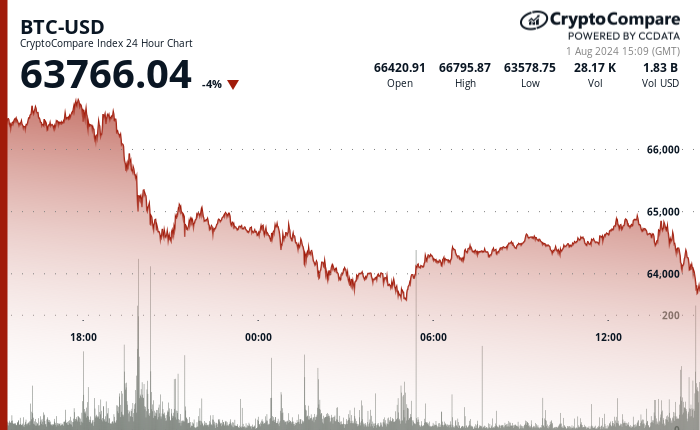 24 hours chart of the price of BTC