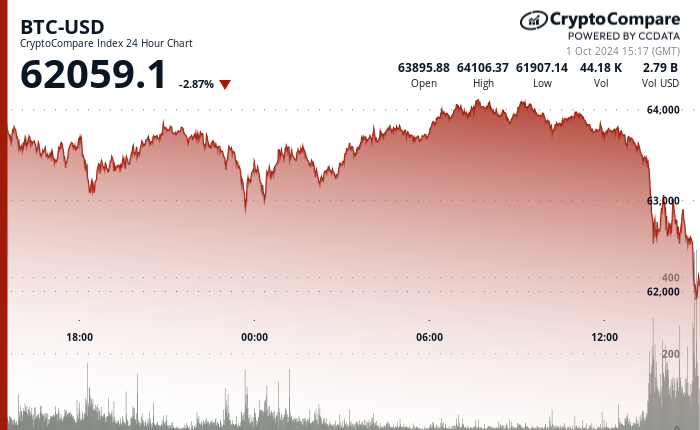 24 hours chart of the price of BTC