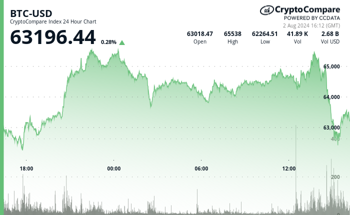 24 hours chart of the price of BTC