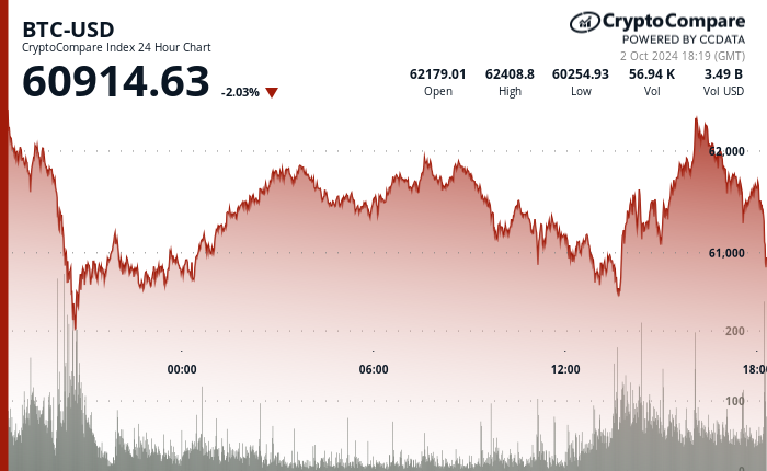 24 hours chart of the price of BTC