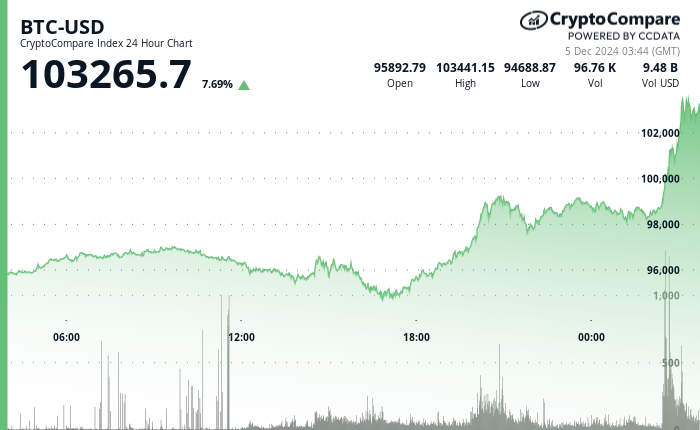 24 hours chart of the price of BTC