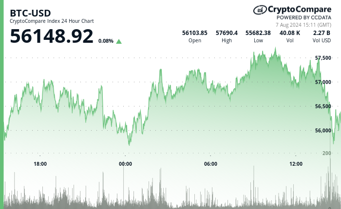 24 hours chart of the price of BTC