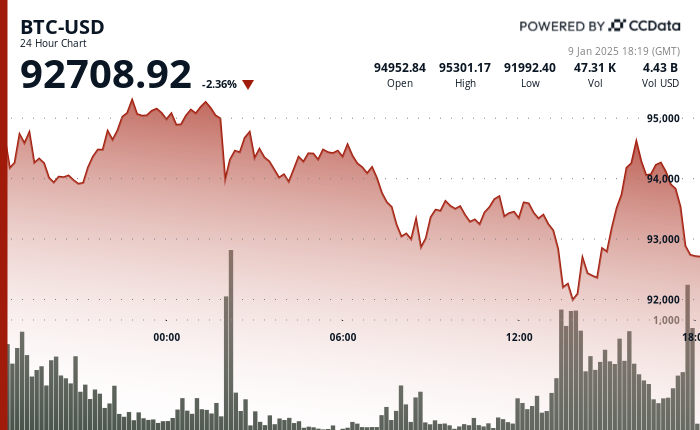 24 hours chart of the price of BTC