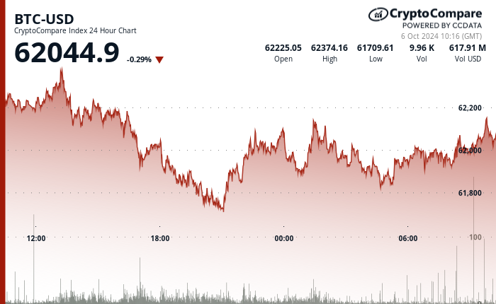 24 hours chart of the price of BTC