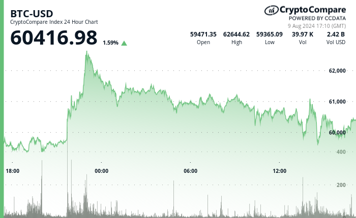 24 hours chart of the price of BTC