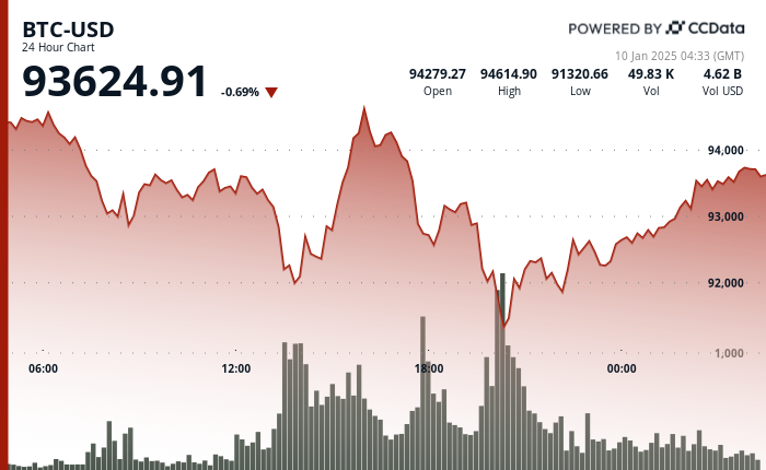 24 hours chart of the price of BTC