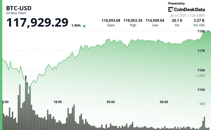 24 hours chart of the price of BTC