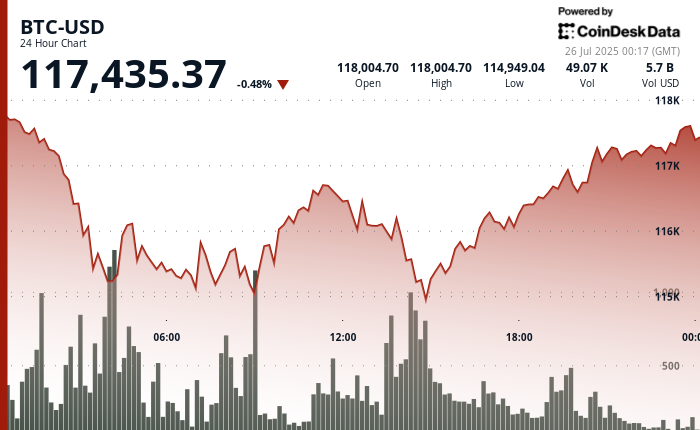 24 hours chart of the price of BTC