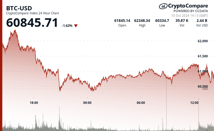 24 hours chart of the price of BTC