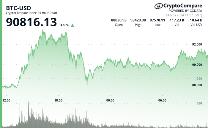 24 hours chart of the price of BTC