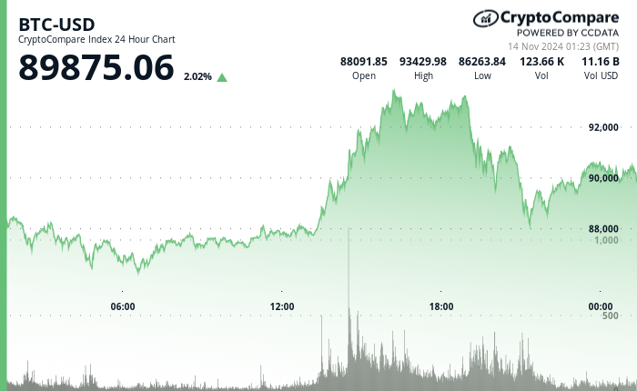 24 hours chart of the price of BTC