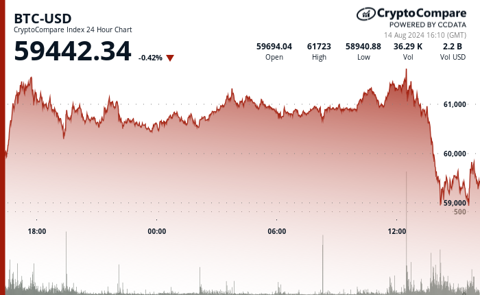 24 hours chart of the price of BTC