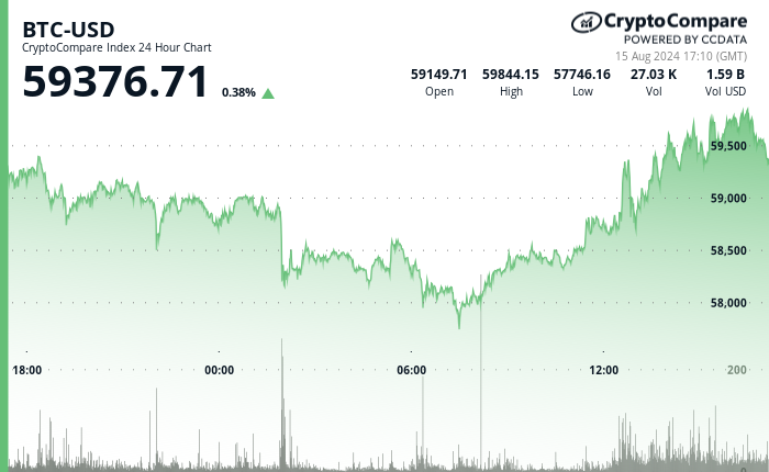 24 hours chart of the price of BTC