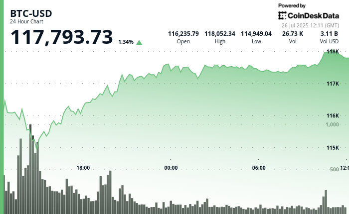 24 hours chart of the price of BTC