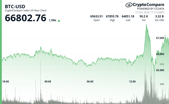 24 hours chart of the price of BTC