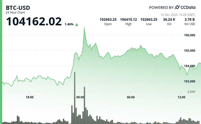 24 hours chart of the price of BTC