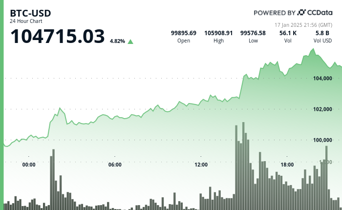 24 hours chart of the price of BTC