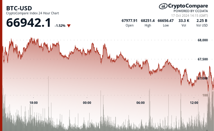 24 hours chart of the price of BTC