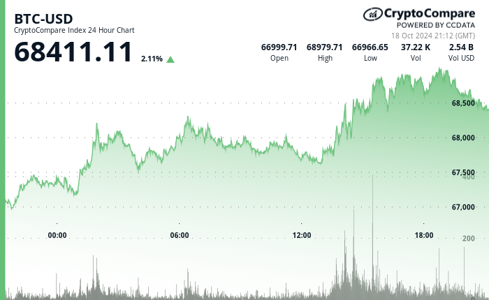 24 hours chart of the price of BTC