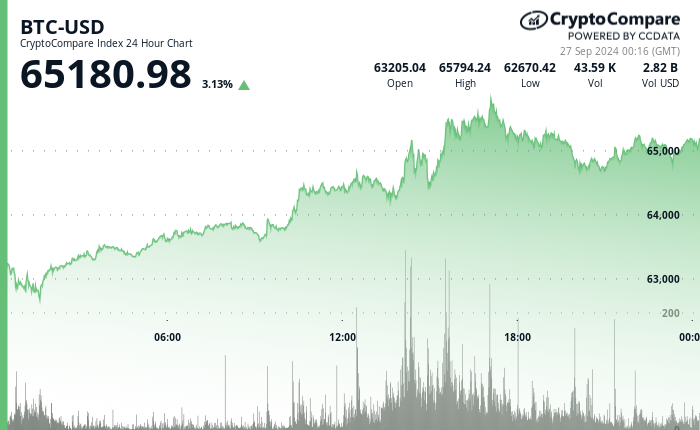 24 hours chart of the price of BTC