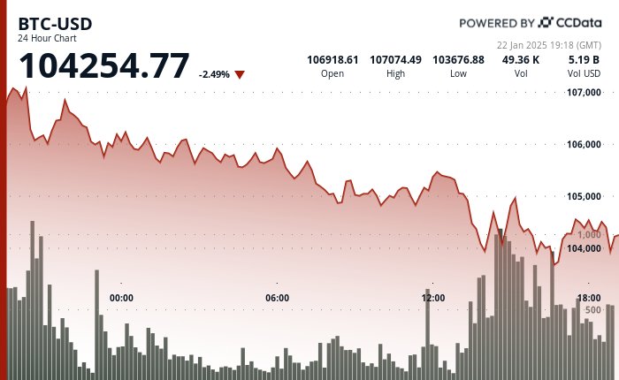 24 hours chart of the price of BTC