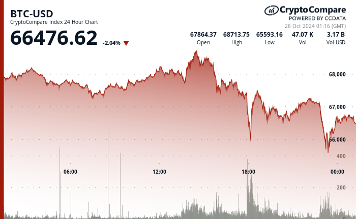 24 hours chart of the price of BTC