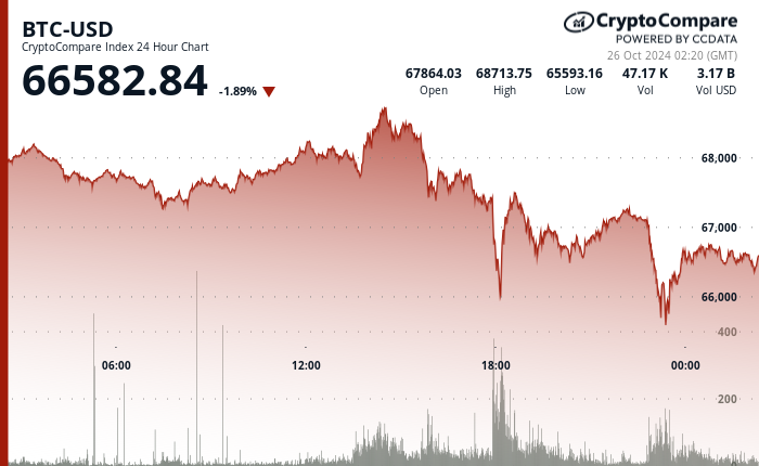 24 hours chart of the price of BTC